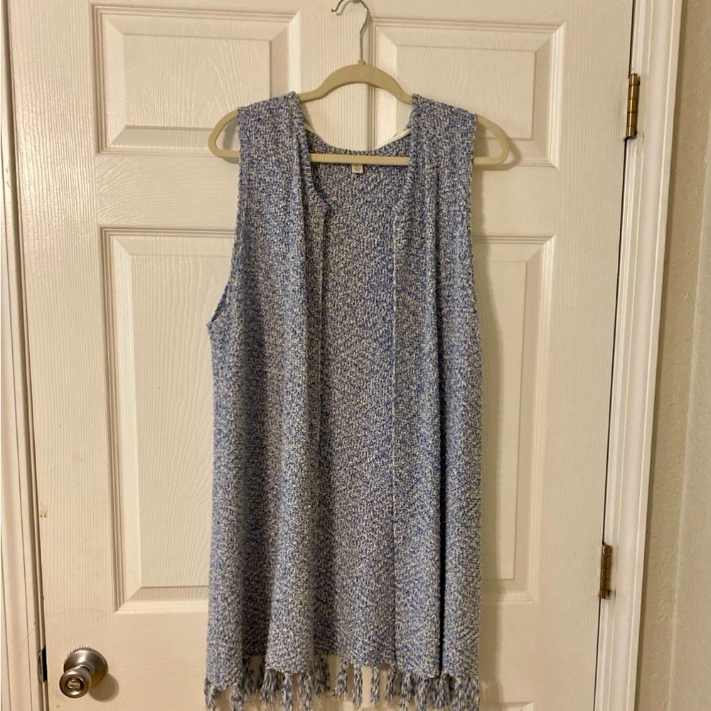 Blue Sleeveless Knit Cardigan with Fringe